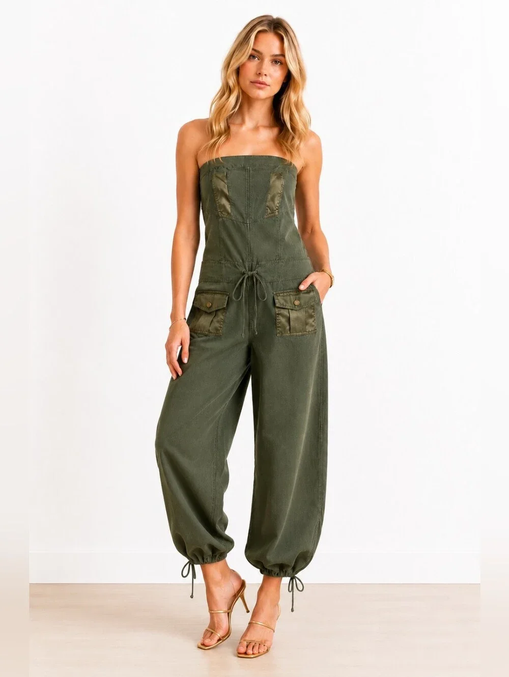 Hotkiss Olive Green Chic  Strapless Utility Jumpsuit | Size L - Picture 7 of 8